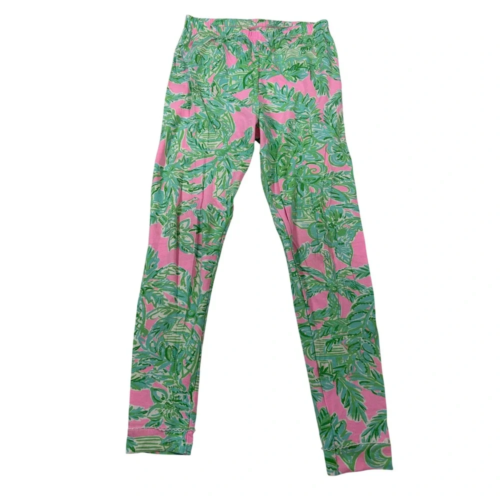 Lilly Pulitzer Girls Pink Green Tropical Palm Pajama Set Size 10 Long Sleeve PJs
